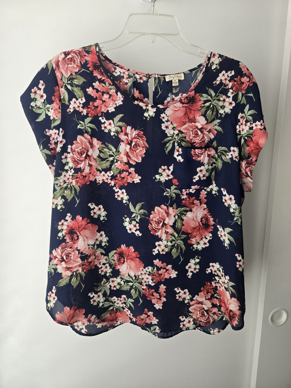 Navy Short Sleeve Blouse with Pink Floral Print